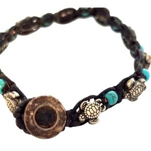 Boho Sea Turtle Turquoise Beaded Braided Cord Bracelet Silver Tone Coastal